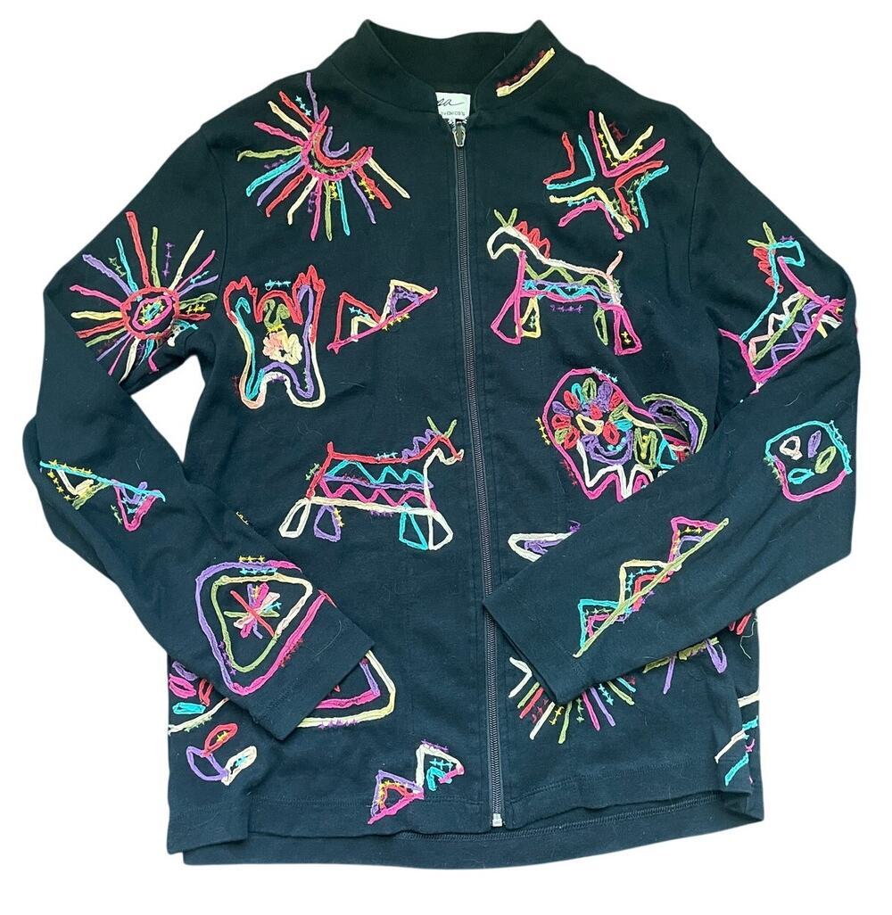 Vintage Spa by CHICO'S Track Jacket 100% Cotton Neon Embroidery Size 1/Medium